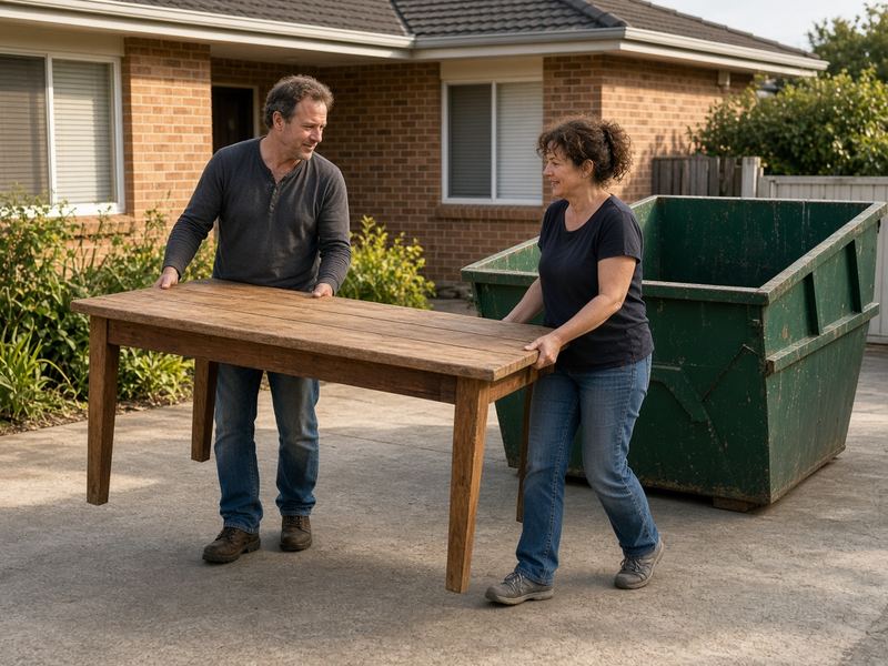 Two people carrying an old table out to a skip bin